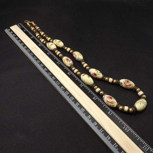 Vintage Porcelain Artisan Necklace, Floral Beads Leather, 1970s Vintage Jewelry - Picture 5 of 10
